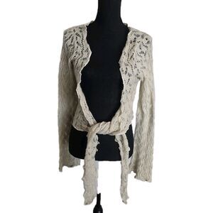 BDG Urban Outfitters Cardigan Large Crochet Tie Front Beige Boho Coastal